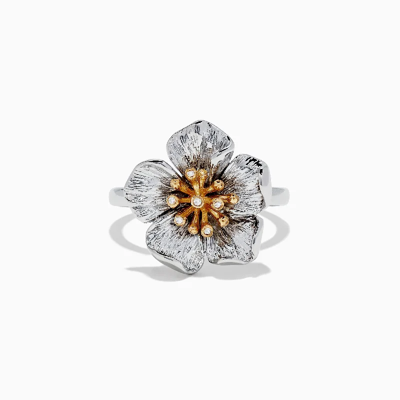 Ladies Rings with Vivianite-Nature Sterling Silver & 18K Gold Diamond Flower Ring, 0.02 TCW