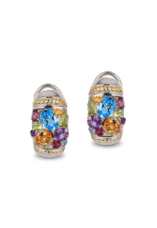 Ladies Earrings for Work-925 Sterling Silver & 18K Gold Multi Gemstone Earrings, 4.70 TCW