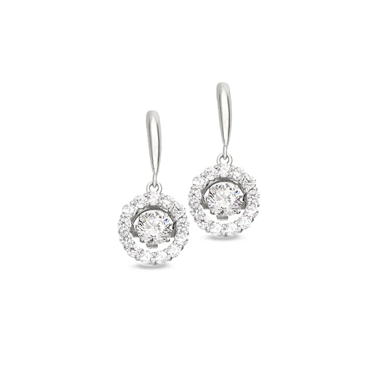 Ladies Earrings Compass Shape-Platinum Finish Sterling Silver Micropave Dancing Stone Round Drop Earrings with Simulated Diamonds