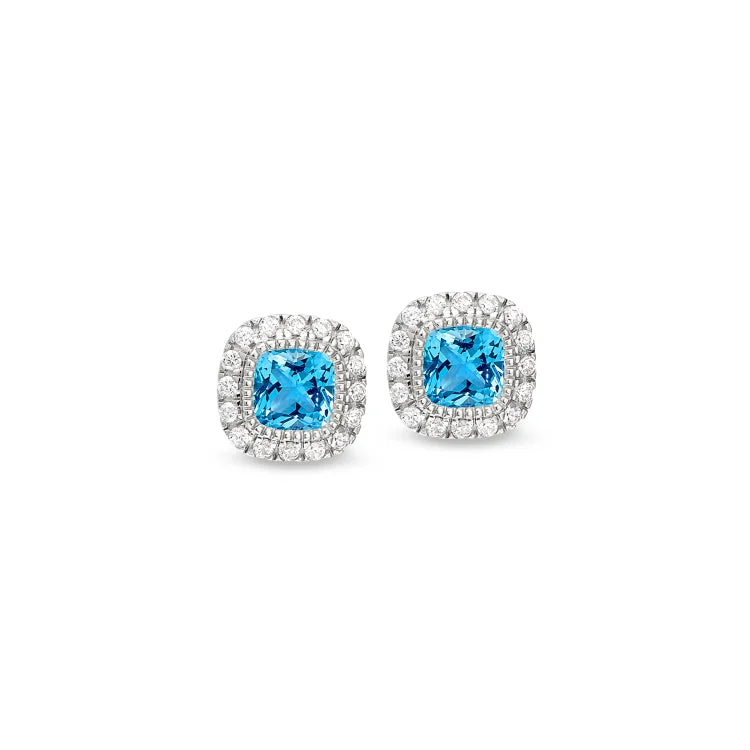 Ladies Earrings for Teachers-Platinum Finish Sterling Silver Micropave Simulated Blue Zircon Earrings with Simulated Diamonds