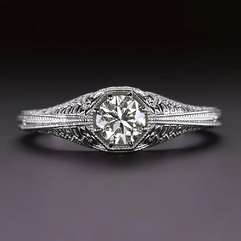 Ladies Engagement Rings with Stichtite-VINTAGE STYLE DIAMOND ENGAGEMENT RING WHITE GOLD SOLITAIRE FILIGREE ROUND CUT