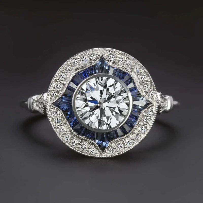 Ladies Engagement Rings with Petalite-1ct LAB CREATED DIAMOND SAPPHIRE ENGAGEMENT RING CERTIFIED HALO VINTAGE STYLE