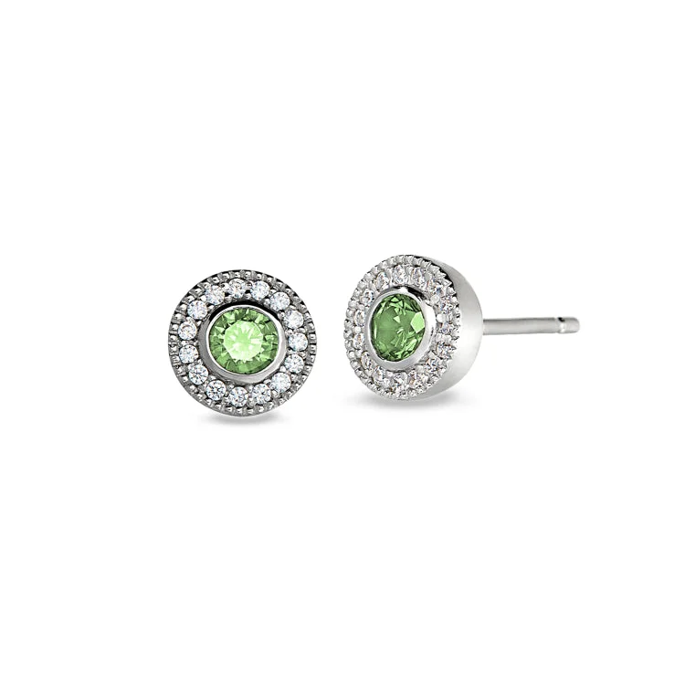 Ladies Earrings for Photographers-Platinum Finish Sterling Silver Micropave Round Simulated Peridot Earrings with Simulated Diamonds