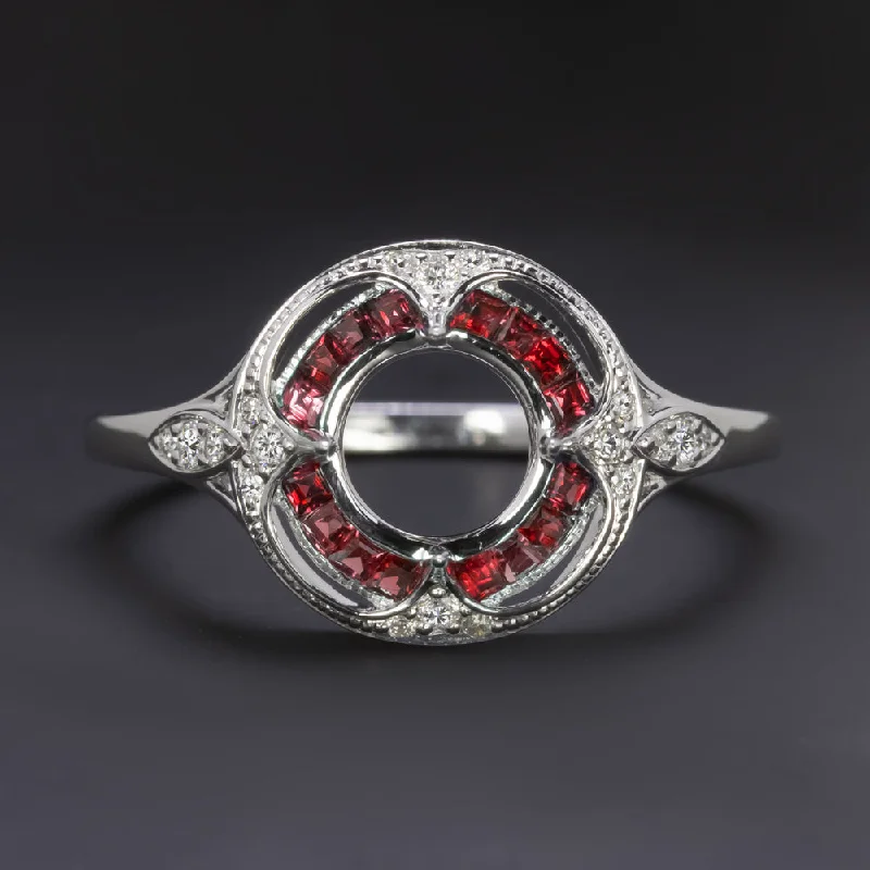 Ladies Engagement Rings with Agate-RUBY DIAMOND 6mm ROUND ENGAGEMENT RING SETTING VINTAGE STYLE HALO TARGET MOUNT