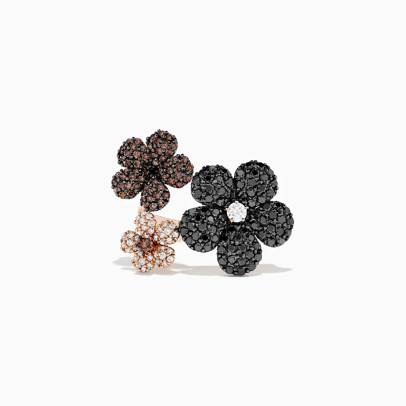 Ladies Rings with Rhodonite-14K Rose Gold Black, Espresso & White Diamond Flower Ring, 2.47 TCW