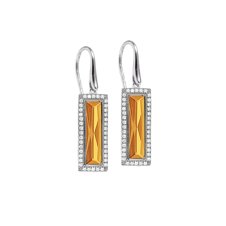 Ladies Earrings for Work-Rhodium Finish Sterling Silver Earrings with Rectangular Simulated Citrine Stones and Simulated Diamonds