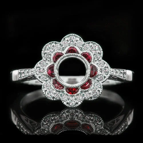 Ladies Engagement Rings with Tugtupite-VINTAGE NATURAL RUBY DIAMOND DOUBLE HALO MOUNTING ROUND ENGAGEMENT RING SETTING