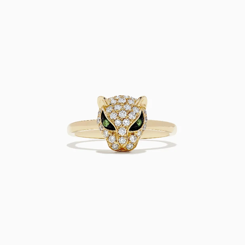 Ladies Rings for Summer-Signature 14K Yellow Gold Diamond and Tsavorite Panther Ring, 0.47 TCW