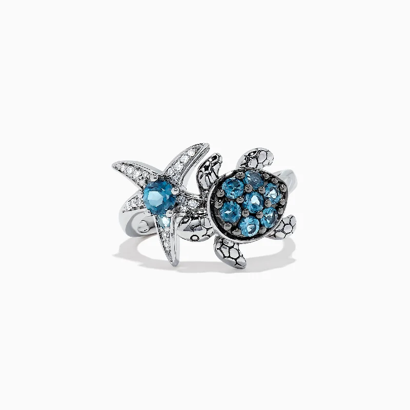 Ladies Rings with Muscovite-Seaside S. Silver Topaz & Diamond Turtle and Starfish Ring, 1.06 TCW