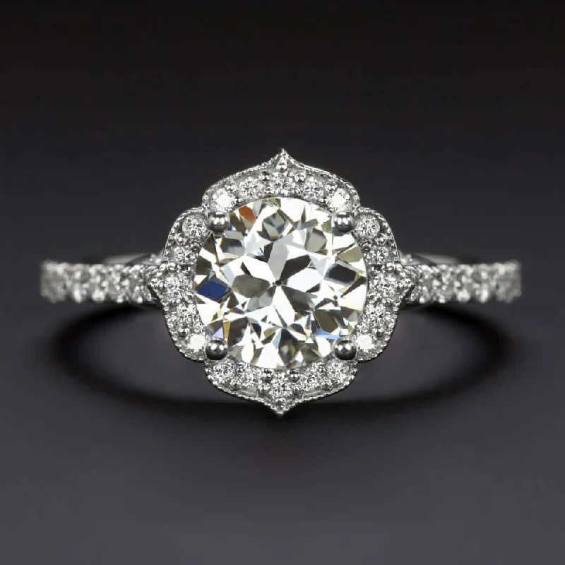 Ladies Engagement Rings Bezel Setting-1.5ct CERTIFIED VS1 OLD CUT DIAMOND ENGAGEMENT RING SCALLOPED HALO VINTAGE STYLE