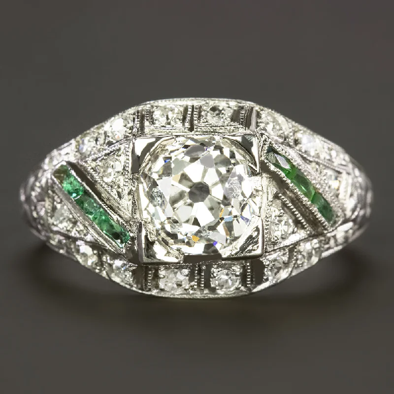 Ladies Engagement Rings with Andalusite-VINTAGE DIAMOND ENGAGEMENT RING 1.30ct GIA CERT OLD MINE CUT PLATINUM EMERALD