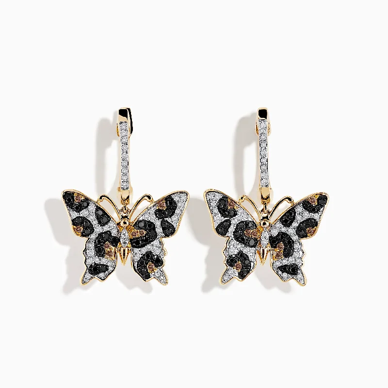 Ladies Earrings Wave Drop-14K Yellow Gold Black, Espresso, and White Diamond Butterfly Earrings