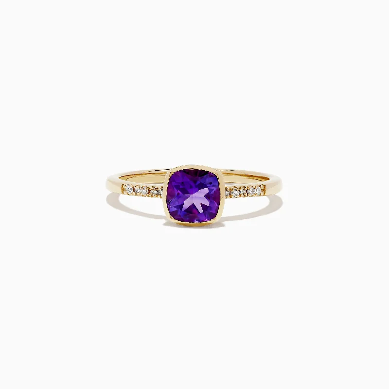 Ladies Rings with Birthstone-14K Yellow Gold Amethyst and Diamond Ring, 0.75 TCW