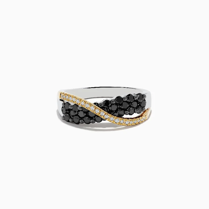 Ladies Rings with Obsidian-14K Two-Tone Gold Black and White Diamond Crossover Ring