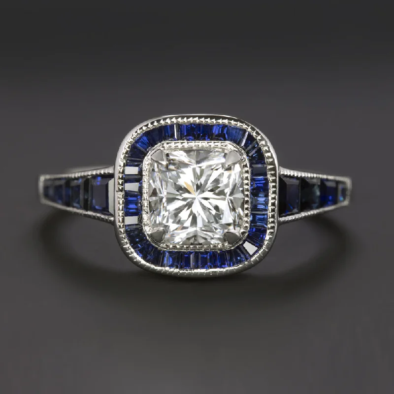 Ladies Engagement Rings with Sunstone-1 CARAT DIAMOND SAPPHIRE ENGAGEMENT RING VINTAGE STYLE CALIBRE HALO CUSHION CUT