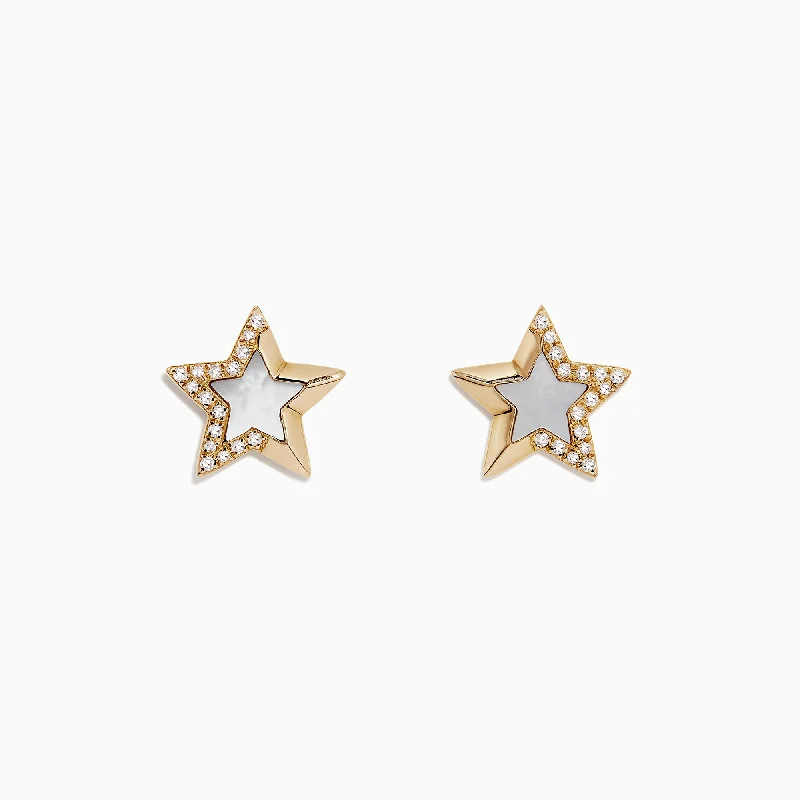 Ladies Earrings with Wulfenite-Novelty 14K Gold Mother of Pearl and Diamond Star Earrings, 0.11 TCW