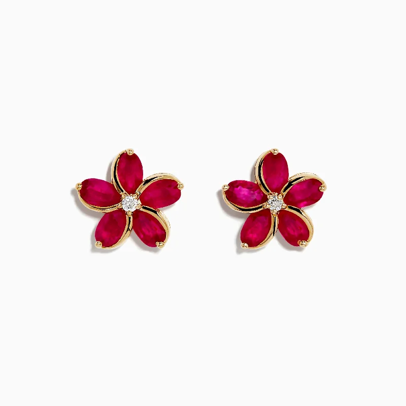 Ladies Earrings Gothic Style-Ruby Royale 14K Yellow Gold Ruby and Diamond Flower Earrings