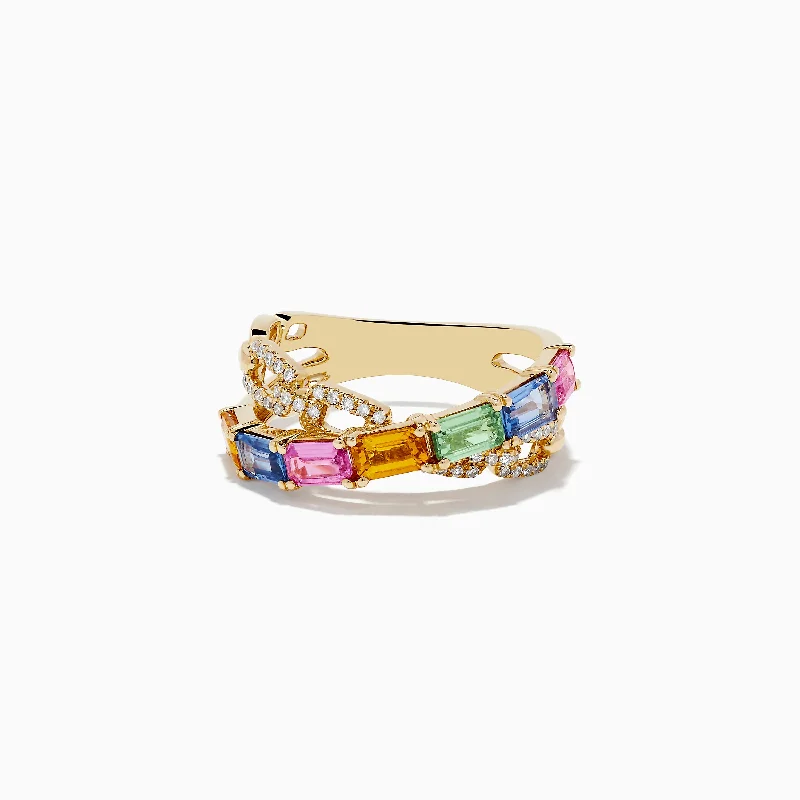 Ladies Rings with Enstatite-Watercolors 14K Yellow Gold Multi Sapphire and Diamond Crossover Ring