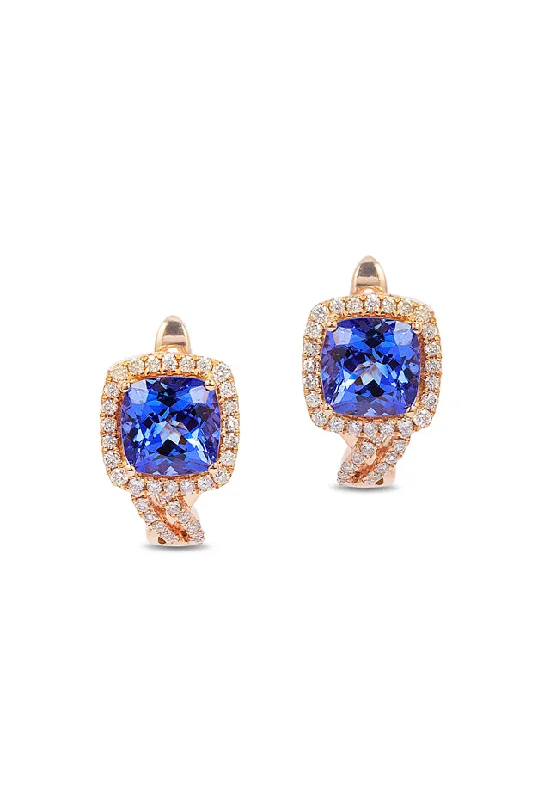 Ladies Earrings with Malachite-14K Rose Gold Tanzanite and Diamond Earrings, 2.19 TCW