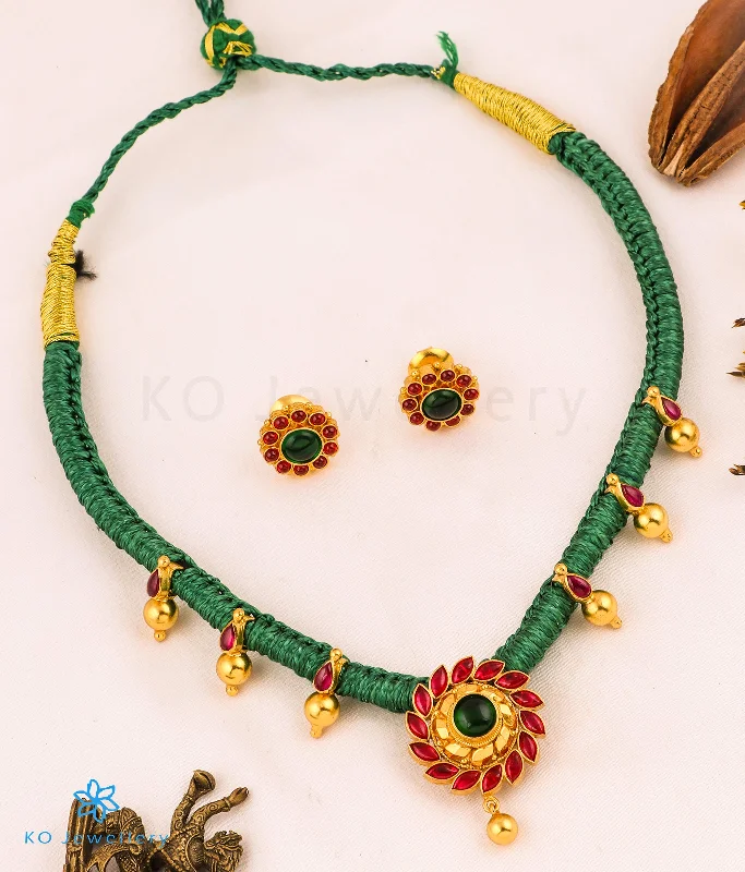 Glass Necklaces -The Aamod Silver Ornate Kempu Necklace (Green)