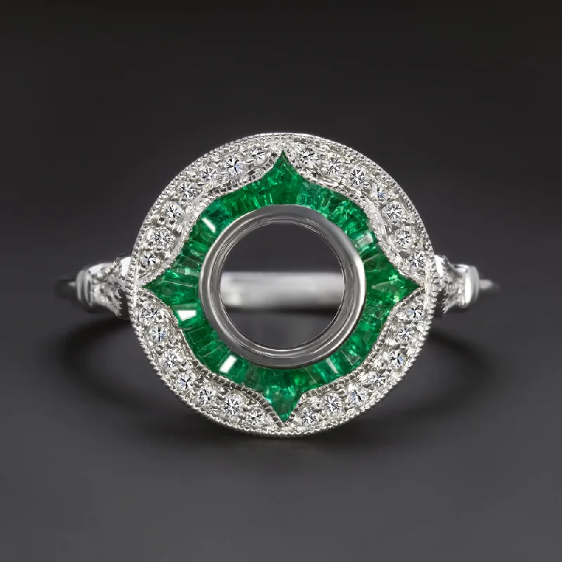 Ladies Engagement Rings with Glaucophane-EMERALD DIAMOND 6.5mm ROUND ENGAGEMENT RING SETTING VINTAGE STYLE HALO TARGET