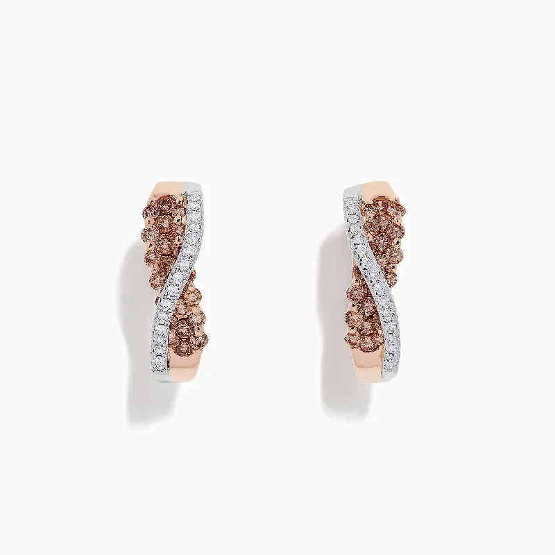 Ladies Earrings with Sanidine-14K 2-Tone Gold Brown and White Diamond Crossover Hoop Earrings, 1.00 TCW