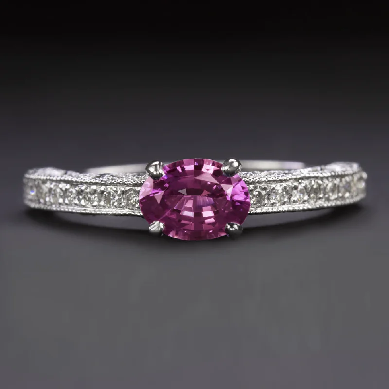 Ladies Engagement Rings with Tanzanite-PINK SAPPHIRE DIAMOND RING EAST WEST VINTAGE STYLE ALTERNATIVE ENGAGEMENT OVAL