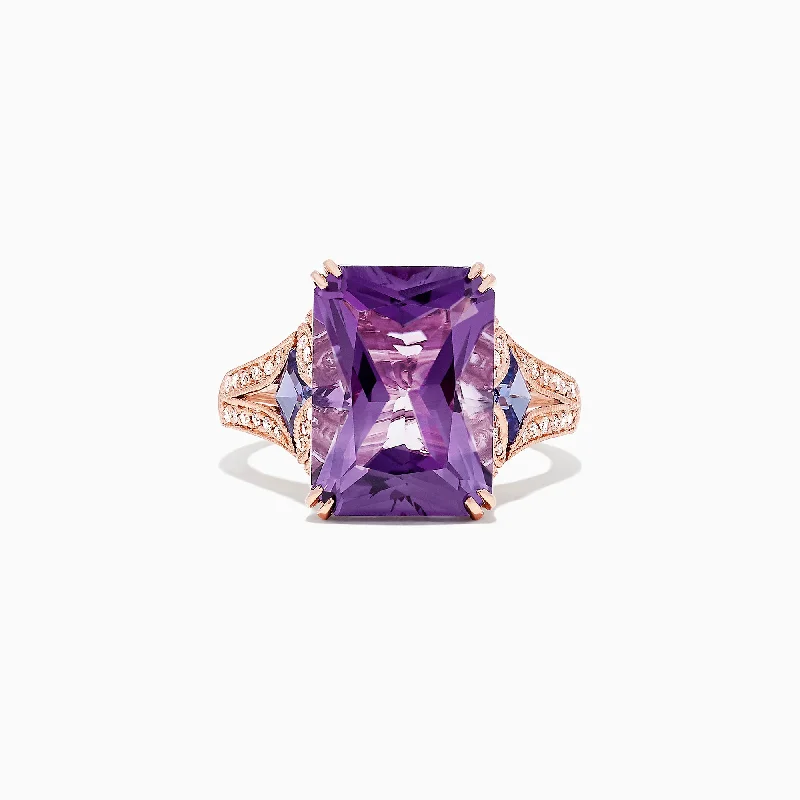 Ladies Rings with Kyanite-14K Rose Gold Amethyst, Tanzanite and Diamond Cocktail Ring, 7.60 TCW