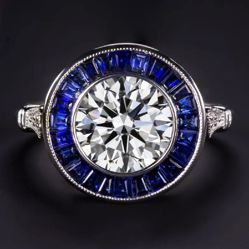 Ladies Engagement Rings with Quartz-2.31ct LAB CREATED DIAMOND SAPPHIRE ENGAGEMENT RING VINTAGE STYLE TARGET HALO