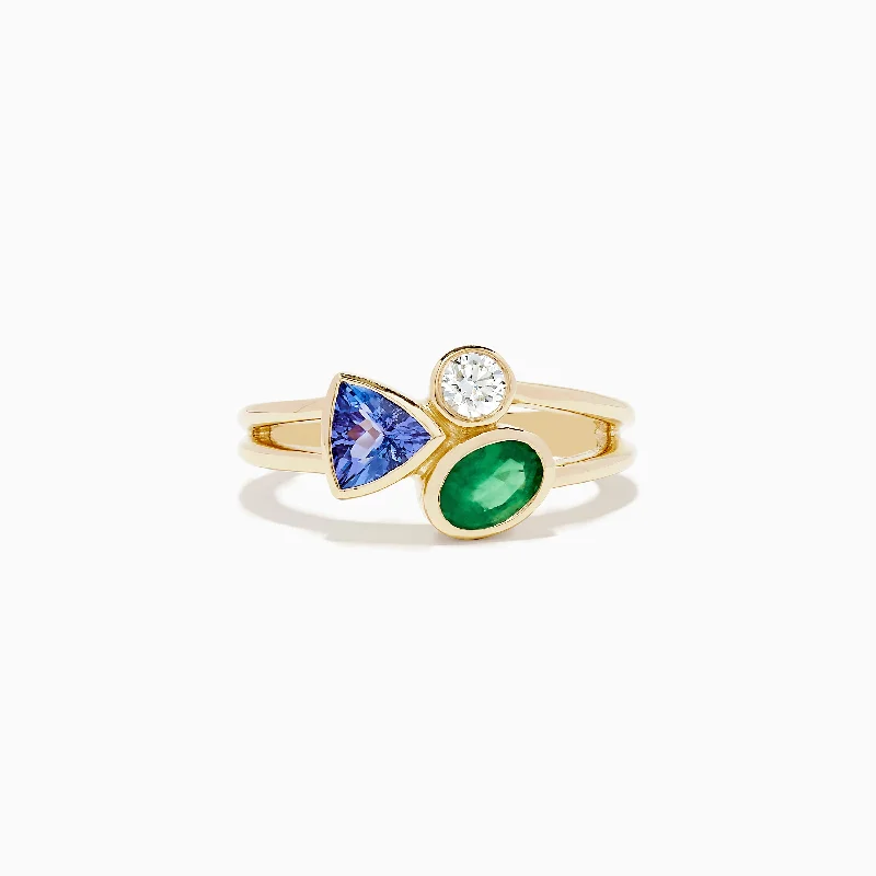 Ladies Rings with Brookite-14K Yellow Gold Tri Stone Diamond, Emerald and Tanzanite Ring