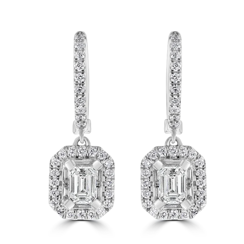 Ladies Earrings for Evening-18KT WHITE GOLD 1.23 CTW DIAMOND HALO DROP EARRINGS