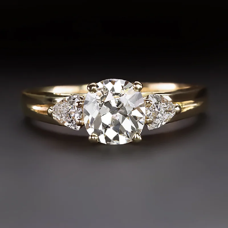 Ladies Engagement Rings Antique Style-1 CARAT OLD MINE CUT DIAMOND ENGAGEMENT RING 3 STONE TRILLION 18k YELLOW GOLD