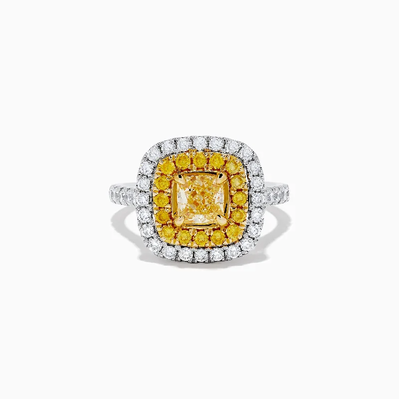 Ladies Rings Spiral Band-Canare 14k Two Tone Gold Cushion Cut Double Halo Yellow Diamond Ring 1.86 TCW