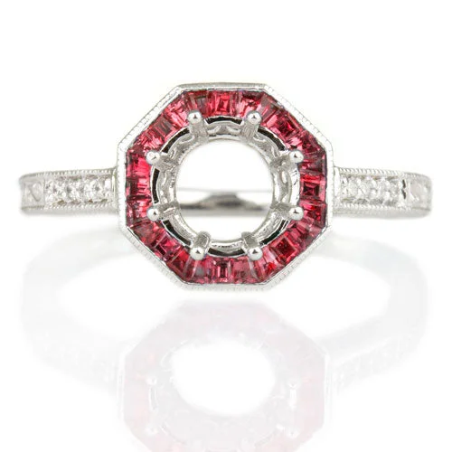 Ladies Engagement Rings with Kornerupine-VINTAGE STYLE RUBY HALO DIAMOND SEMI-MOUNT ENGAGEMENT RING ROUND SETTING 14K WG