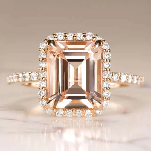 Ladies Engagement Rings White Gold-2.7ct EMERALD CUT PEACH MORGANITE 0.62c DIAMOND ENGAGEMENT RING HALO ROSE GOLD