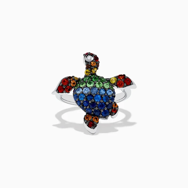 Ladies Rings Key Shape-925 Seaside Sterling Silver Mutli Sapphires Turtle Ring