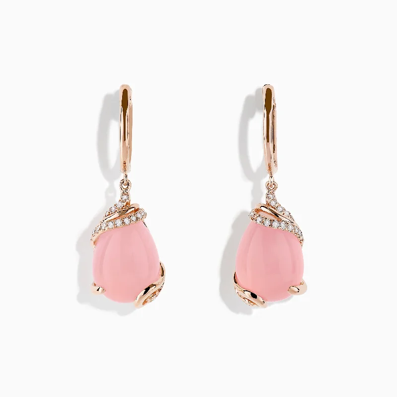 Ladies Earrings with Tourmaline-14K Rose Gold Rose Quartz and Diamond Drop Earrings