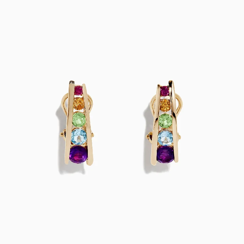 Ladies Earrings with Engraving-Mosaic 14K Yellow Gold Multi Gemstone Earrings, 1.40 TCW