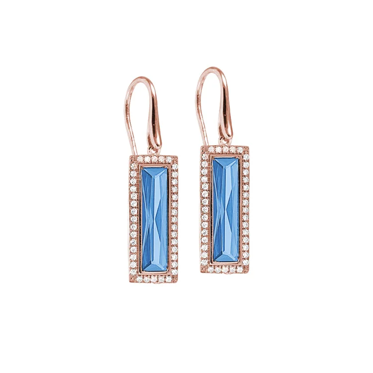 Ladies Earrings with Sanidine-Rose Gold Finish Sterling Silver Earrings with Rectangular Simulated Blue Topaz Stones and Simulated Diamonds