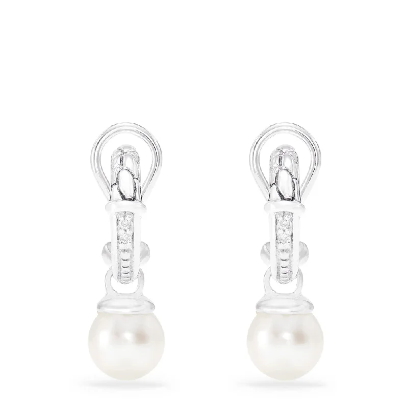 Ladies Earrings with Hemimorphite-925 Sterling Silver Cultured Pearl and Diamond Earrings, 0.03 TCW