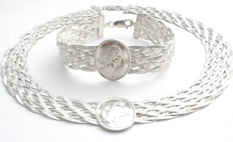 Boho Bracelets -Sterling Silver Braided Cameo Necklace & Bracelet Set Milor