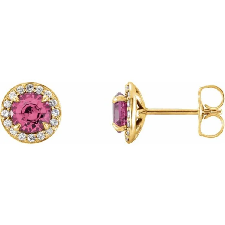 Ladies Earrings Ethnic Style-14K Yellow 3.5 mm Natural Pink Tourmaline & 1/8 CTW Natural Diamond Earrings