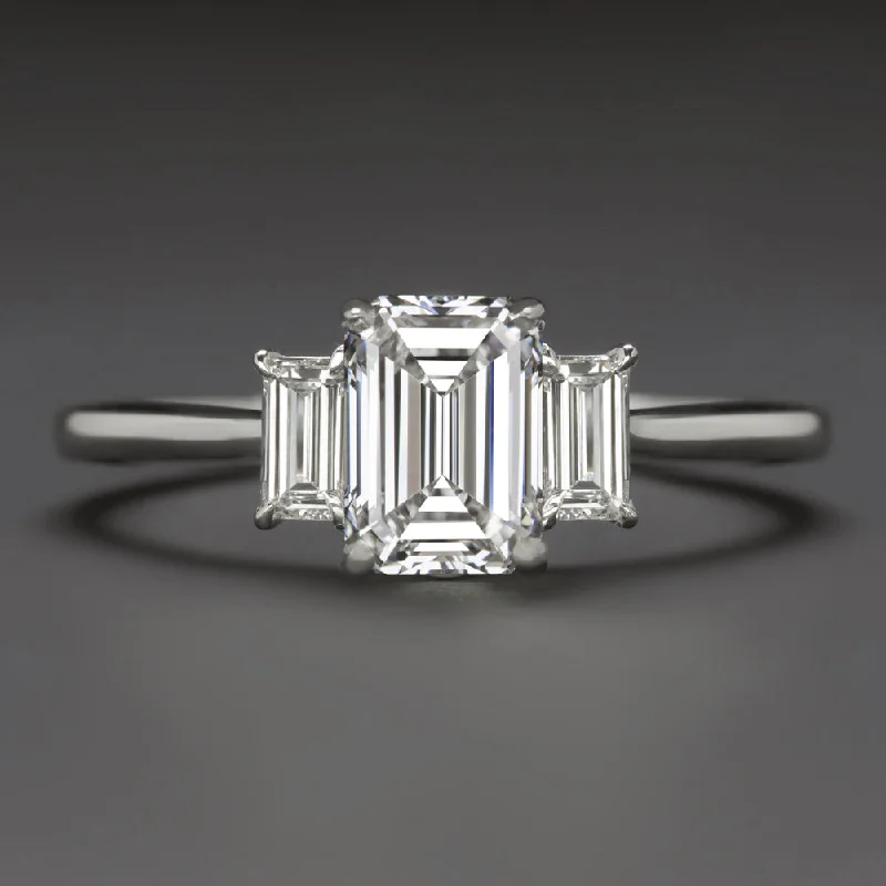 Ladies Engagement Rings with Phenakite-1.5 CARAT LAB CREATED DIAMOND ENGAGEMENT RING 3 STONE EMERALD CUT 14k WHITE GOLD