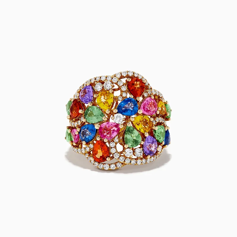 Ladies Rings with Glaucophane-Watercolors 14K Yellow Gold Multi Sapphire and Diamond Ring