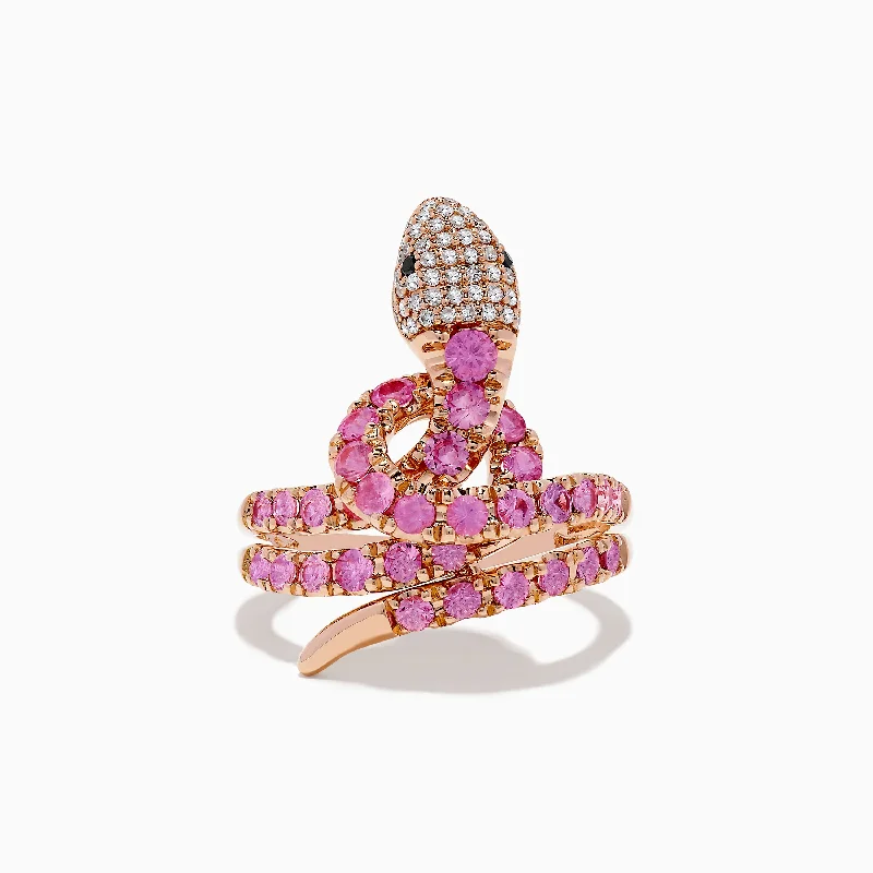 Ladies Rings Sterling Silver-Safari 14K Rose Gold Multi Diamond and Pink Sapphire Snake Ring