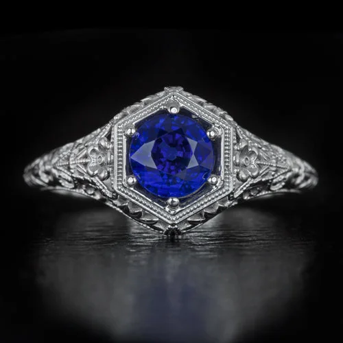 Ladies Engagement Rings with Eudialyte-VINTAGE STYLE 1ct NATURAL SAPPHIRE ART NOUVEAU ENGAGEMENT RING FLORAL COCKTAIL