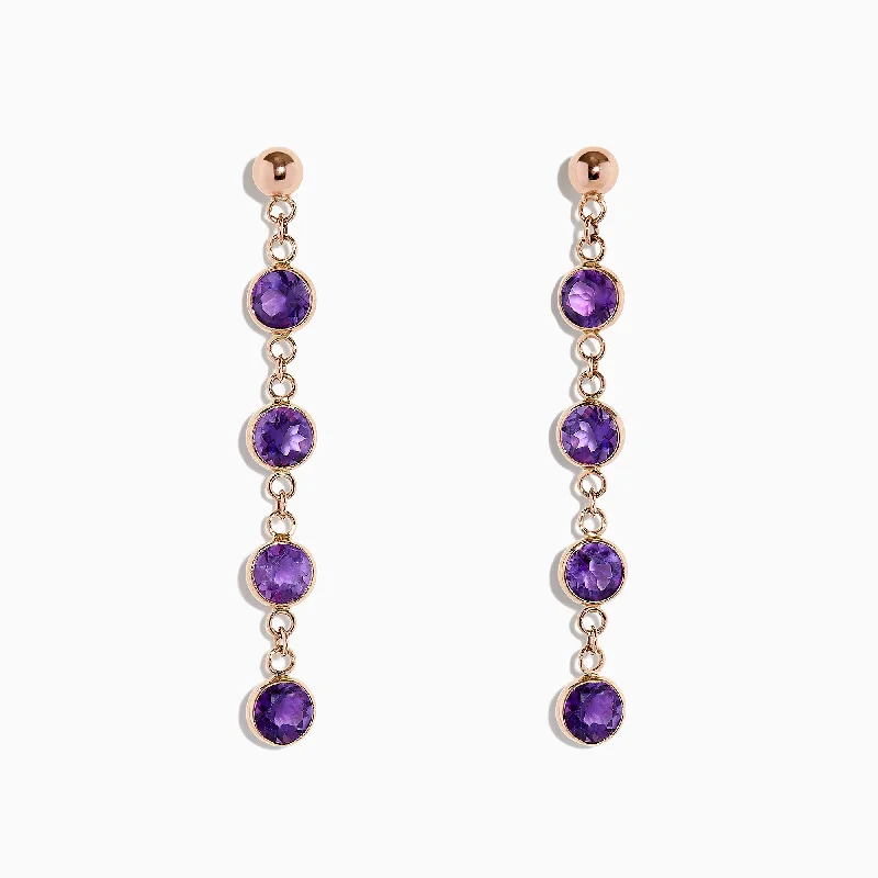 Ladies Earrings with Heart Shape-14K Rose Gold Amethyst Station Earrings, 2.08 TCW