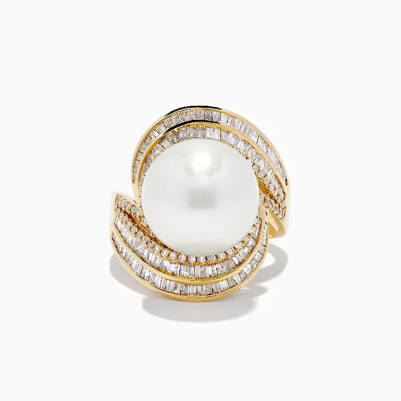 Ladies Rings Globe Design-14K Yellow Gold Fresh Water Pearl and Diamond Ring