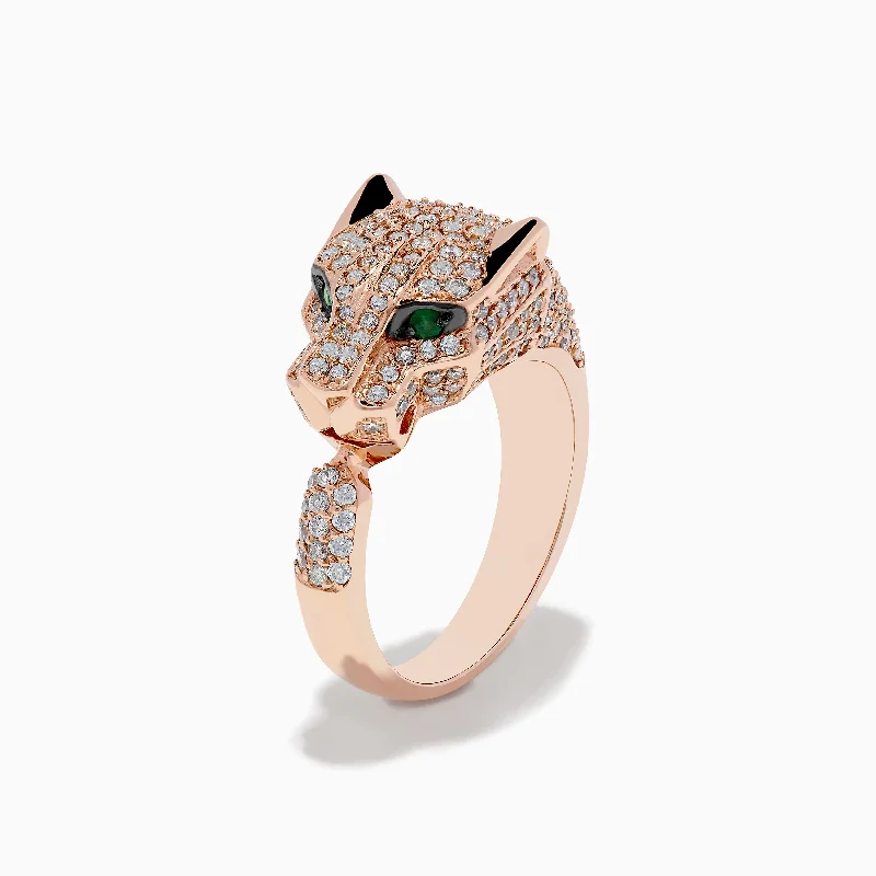 Ladies Rings for Work-Signature 14K Rose Gold Emerald and Diamond Panther Ring