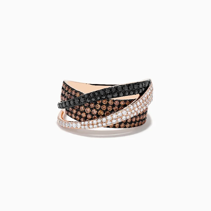 Ladies Rings with Stichtite-14K Rose Gold Black, Brown and White Diamond Crossover Ring 1.15 TCW